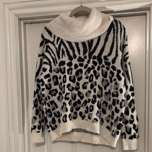 new directions Black & White Animal-Print Turtleneck Sweater